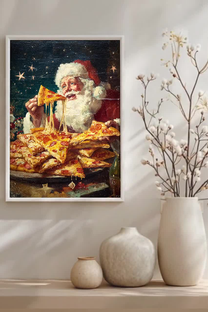 ピザを食べるサンタ 1940年代風絵画 - 気まぐれなクリスマスウォール
