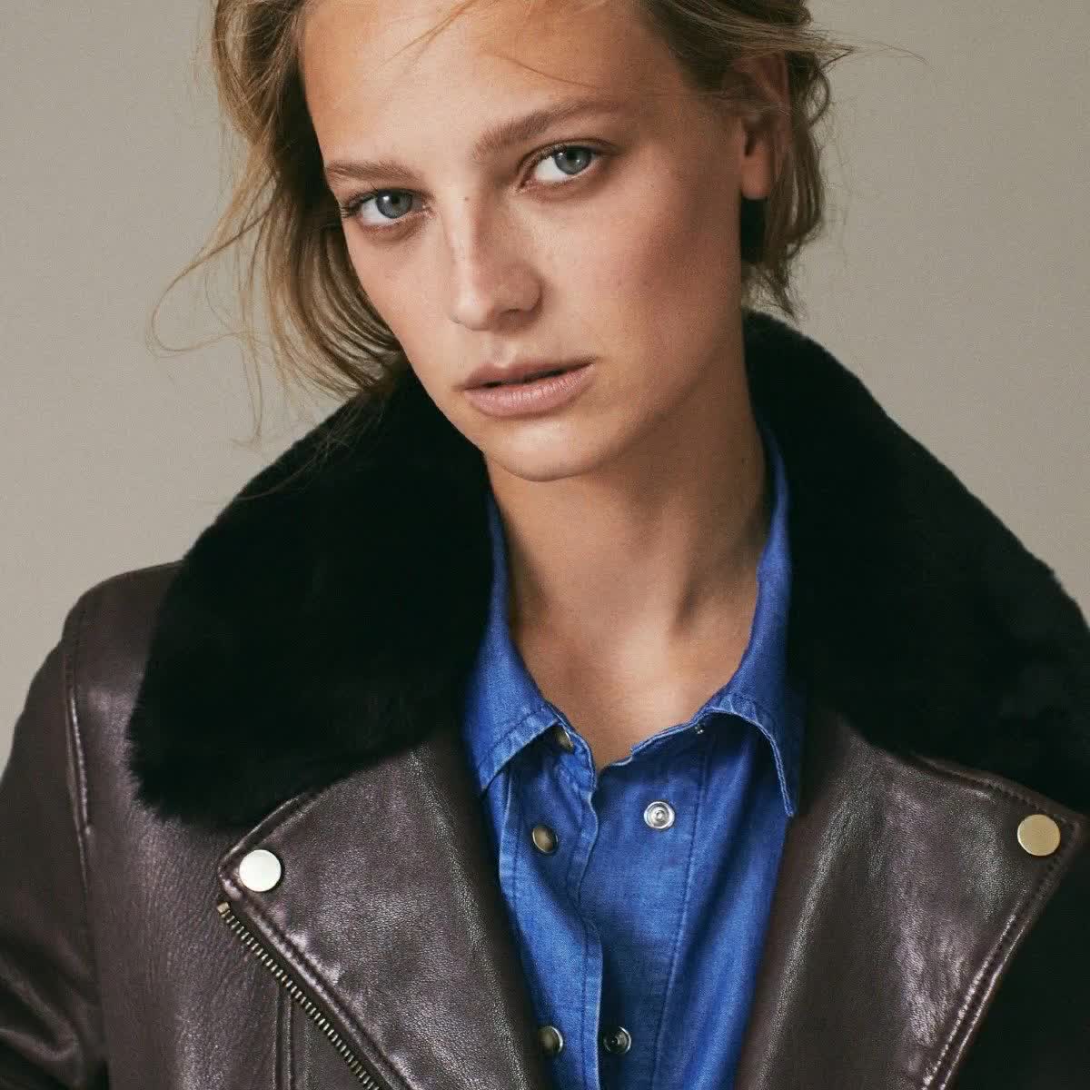 取り外し可能なファーカラー付きブラウンシープスキンバイカー