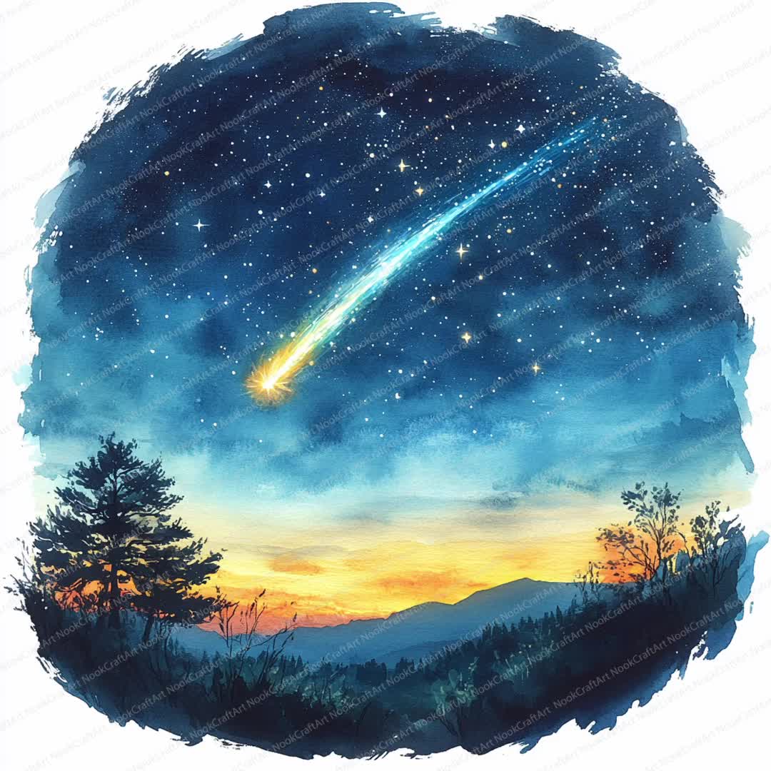 額入り水彩画 星空のシーソー 1138 20 星空クリップアート | 彗星と天体の星 | 印刷可能な水彩クリップ