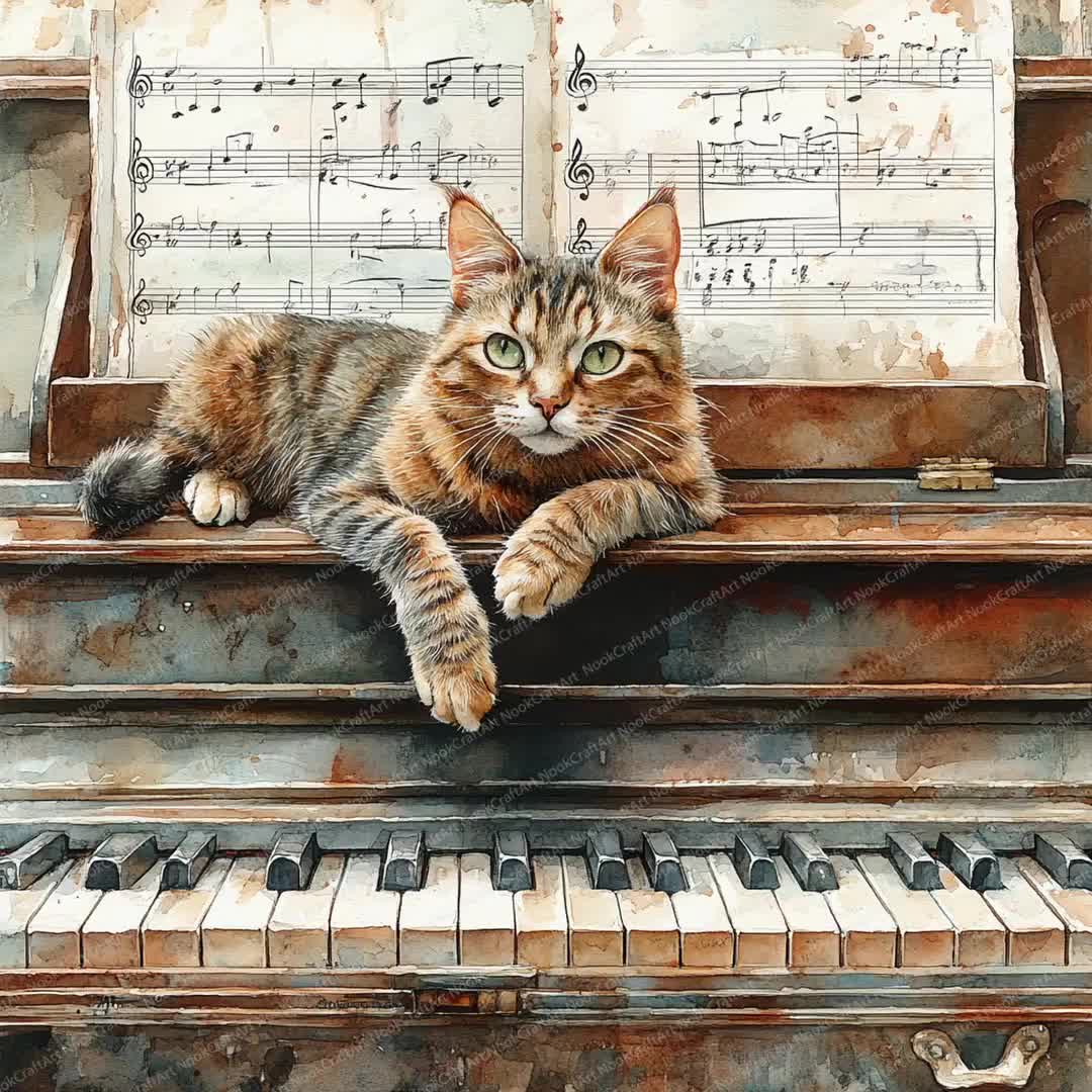 ピアノで眠る猫のクリップアート21選 | 心地よい音楽猫のイラスト