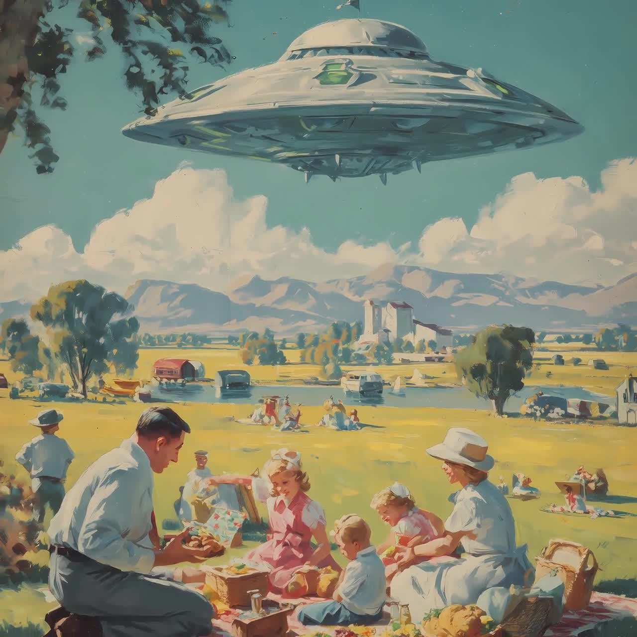 UFOピクニックポスター - ヴィンテージ1950年代ファミリーフライング