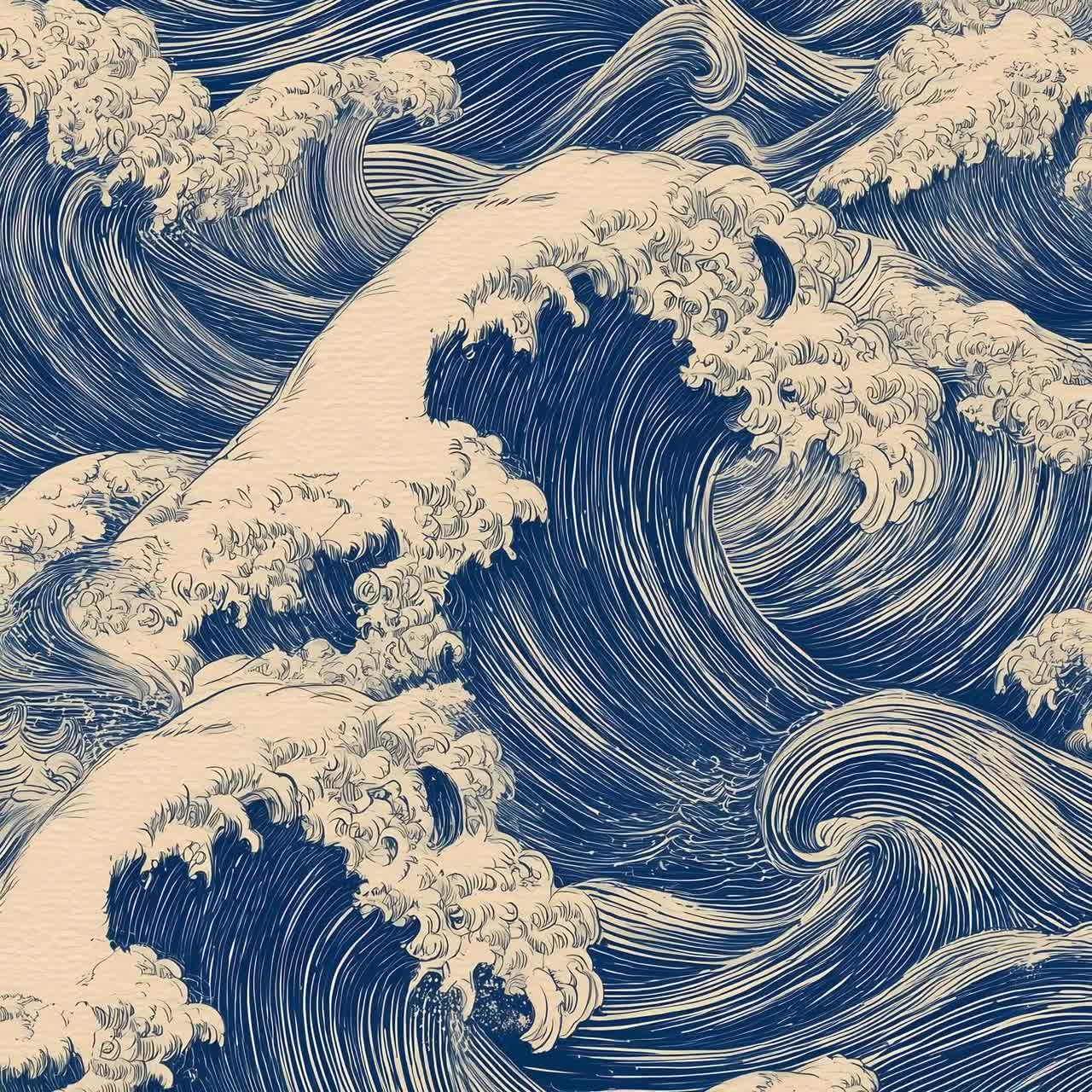 Seamless Japanese Wave Pattern – Vintage Ocean Line Art – Digital
