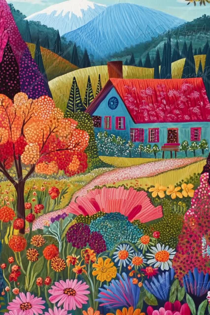 カラフルな庭の絵画、明るい野生の花の風景、鮮やかな風景画、春の植物