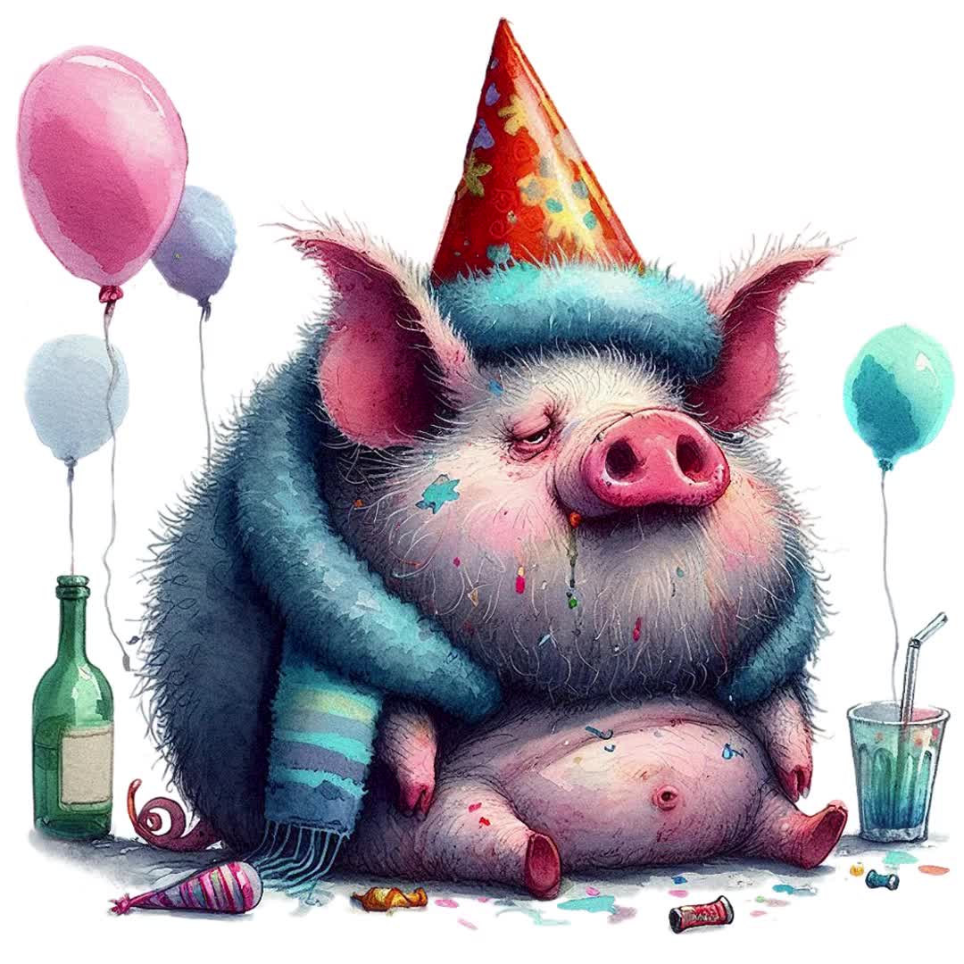Cerdito de fiesta (imagen prediseñada), animal peculiar en acuarela, 13 imágenes PNG/JPG, arte de Feliz Año Nuevo, descarga digital, uso comercial, creación de tarjetas / BR0311 video poster