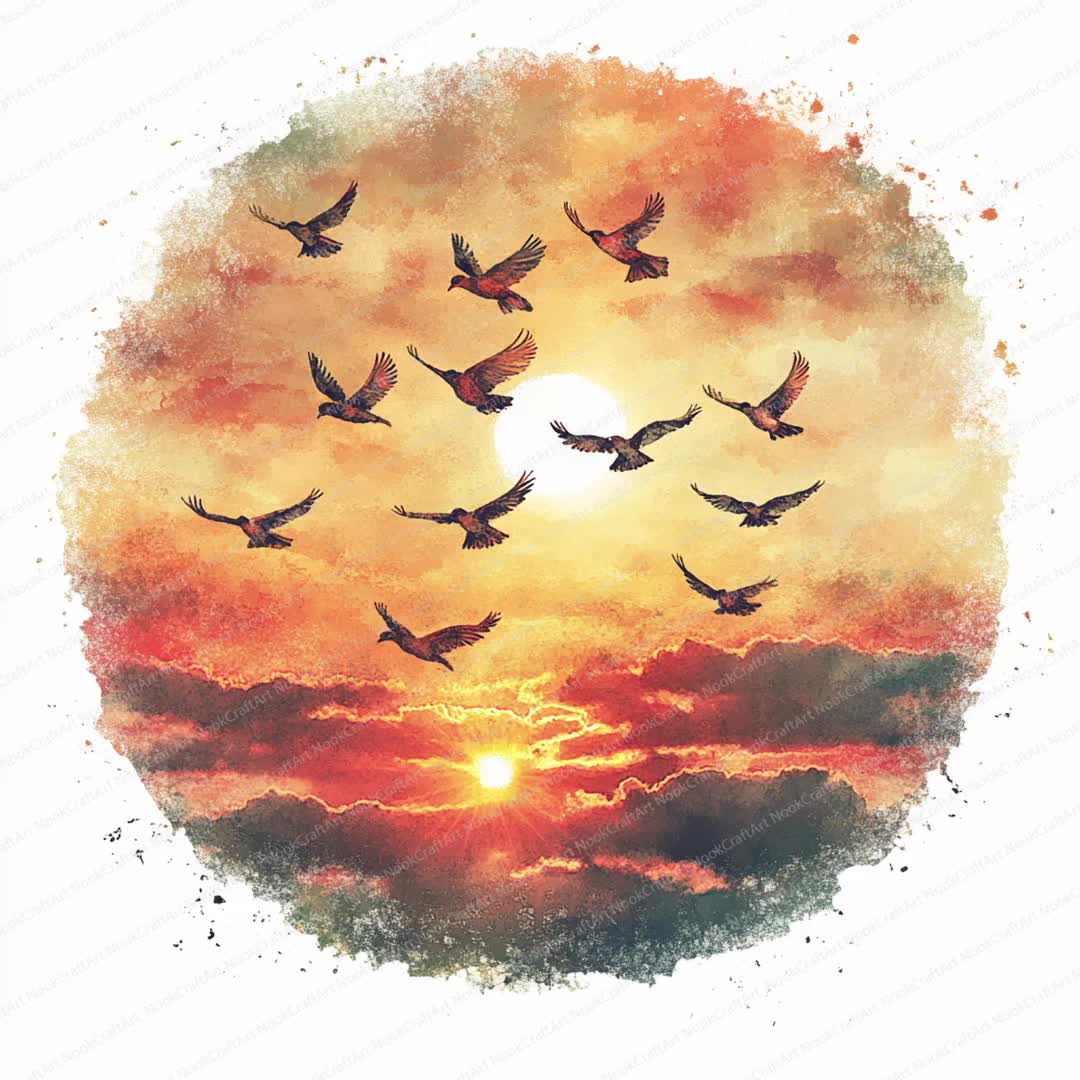 鳥の群れ 水彩画風 アートフレーム 50×70cm 「FLYING HIGH」 鳥の群れ