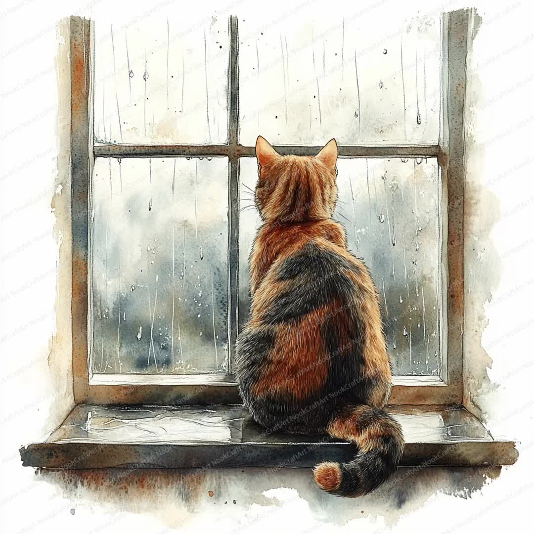 雨を眺める猫のクリップアート 20 枚 | 居心地の良い窓辺の風景