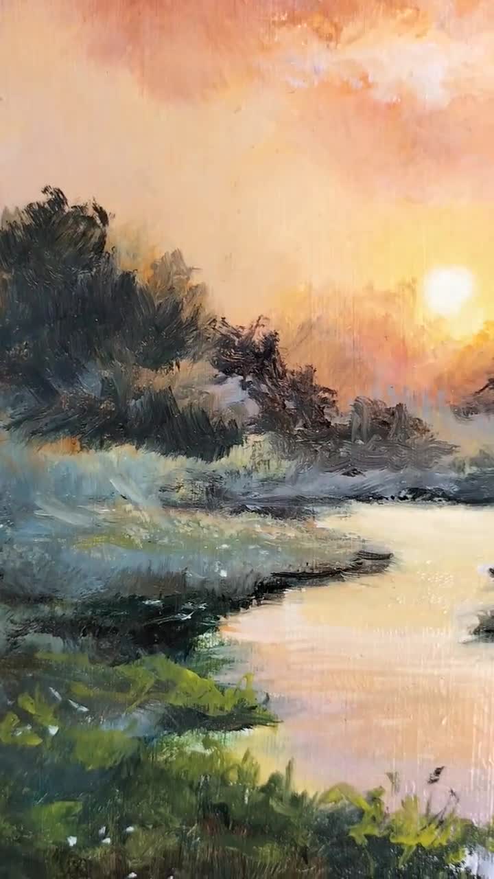 霧のかかった川の風景 オリジナル油絵、空と雲と夕日のアート、霧の