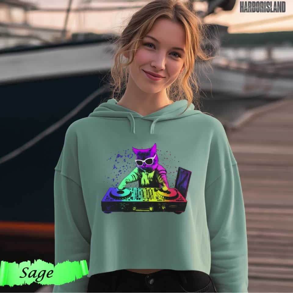 DJ Cat Crop Hoodie – Neon Cat Sweatshirt for Rave, Festival, Music