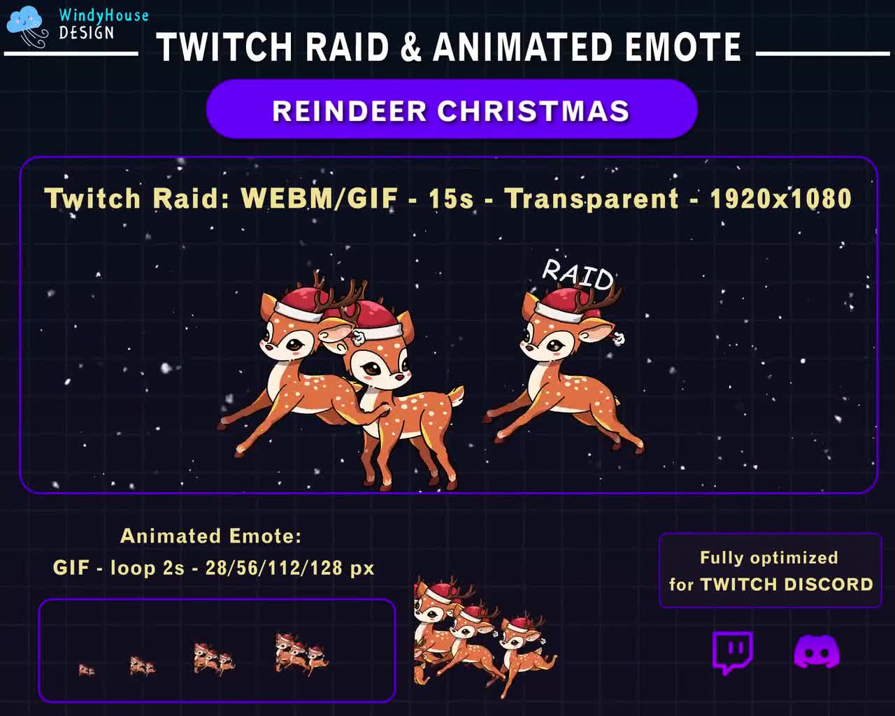 Animated Reindeer Christmas Raid Alert for Twitch, Cute Holiday Deer Raid  Animation Pack, Cozy Santa Reindeer Raid GIF for Streamers, image size:1280x1024