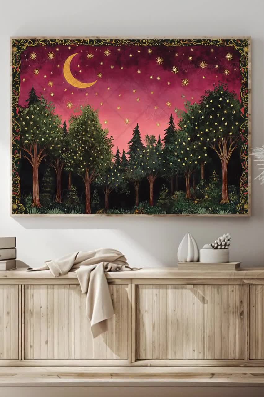 月と星の壁アート 魅惑の森のホタルの絵画 魅惑の夜のアート