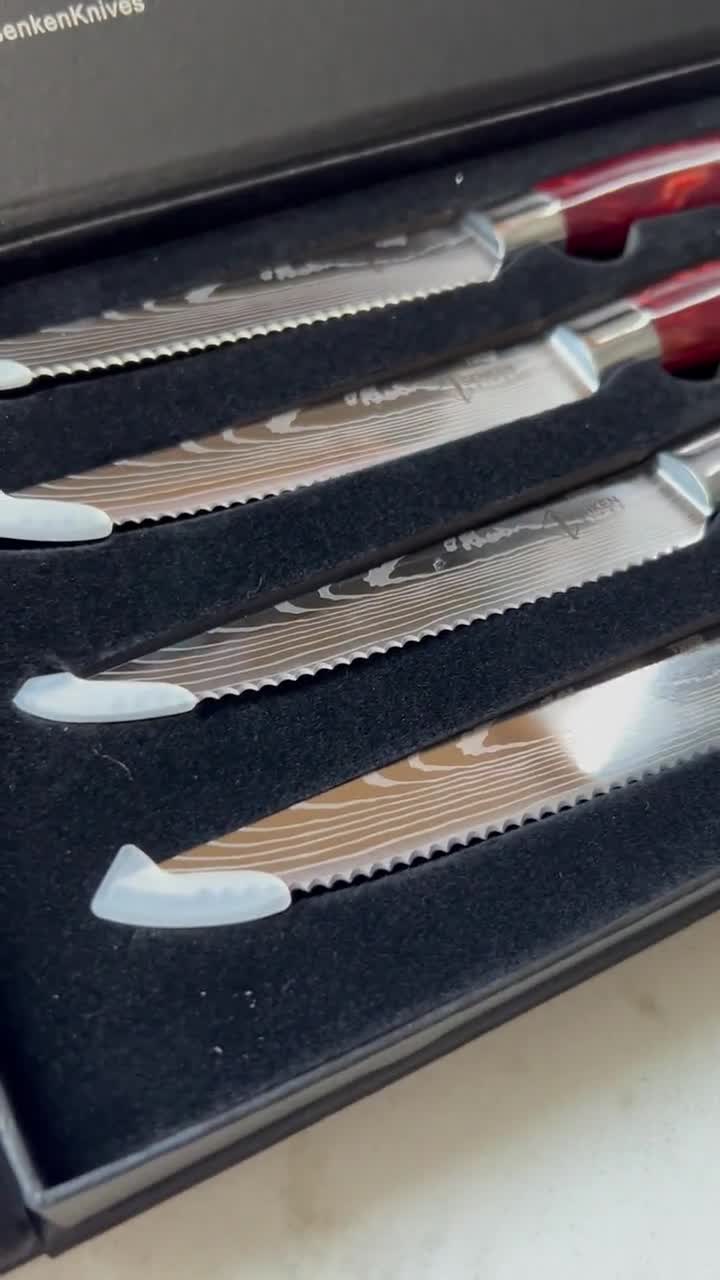 Crimson Red Steak Knife Set With Engraved Damascus Pattern 