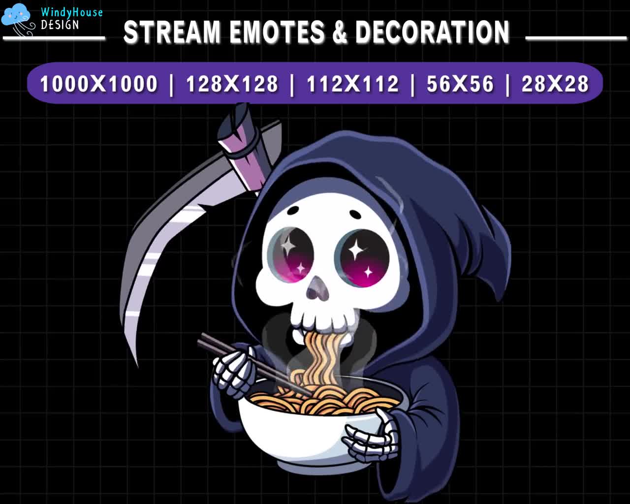 Geanimeerde Twitch-emote Grim Reaper Ramen, Ghost Stream-emote, Discord-emote, Halloween-decoratie video poster