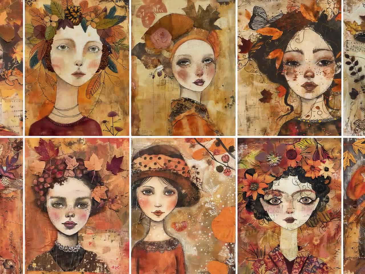 Autumn Girls – Whimsical Fall Portrait Art – Boho Leaf Crown