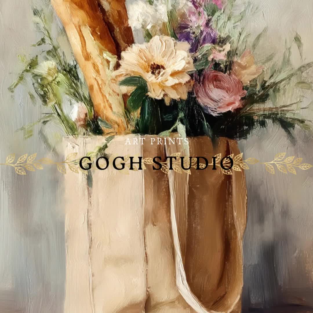 フランスのマーケットバッグ静物画：ヴィンテージ花柄油絵（デジタル