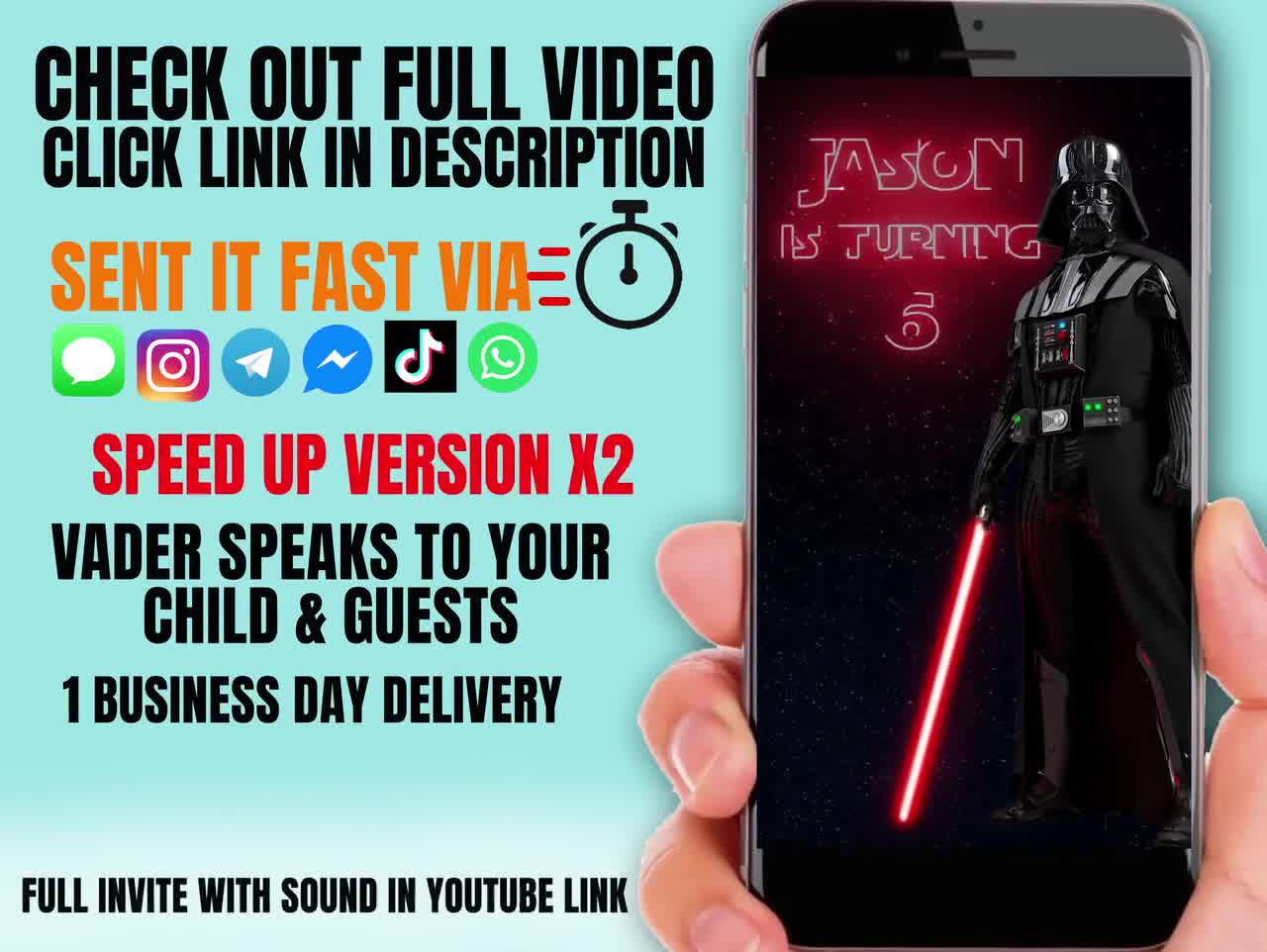 Darth Vader, Video Invitation, Invitations, Star Wars, Invite, custom,  personalized, birthday, party, Card, talks to your child and Guests