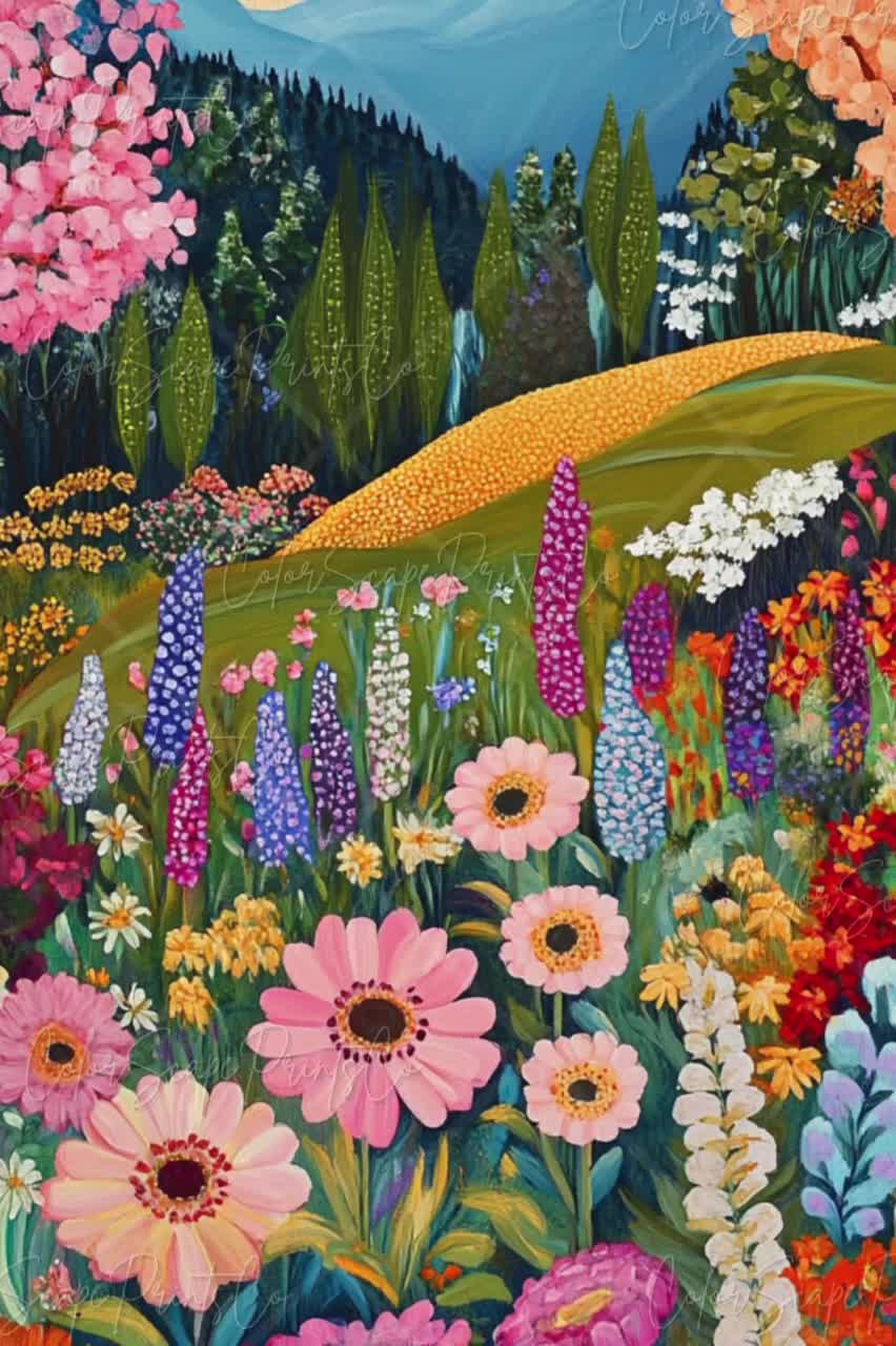 Vibrant Wildflower Landscape Wall Art Whimsical Mountain Garden