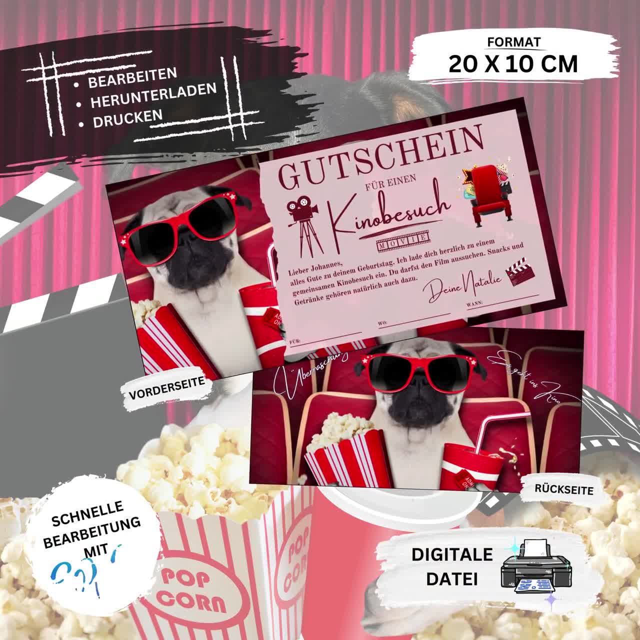 Gutschein Vorlage für einen Kinobesuch | Geschenkgutschein Kino zum  Ausdrucken | Geschenkidee Kinogutschein Besuch zum selber gestalten