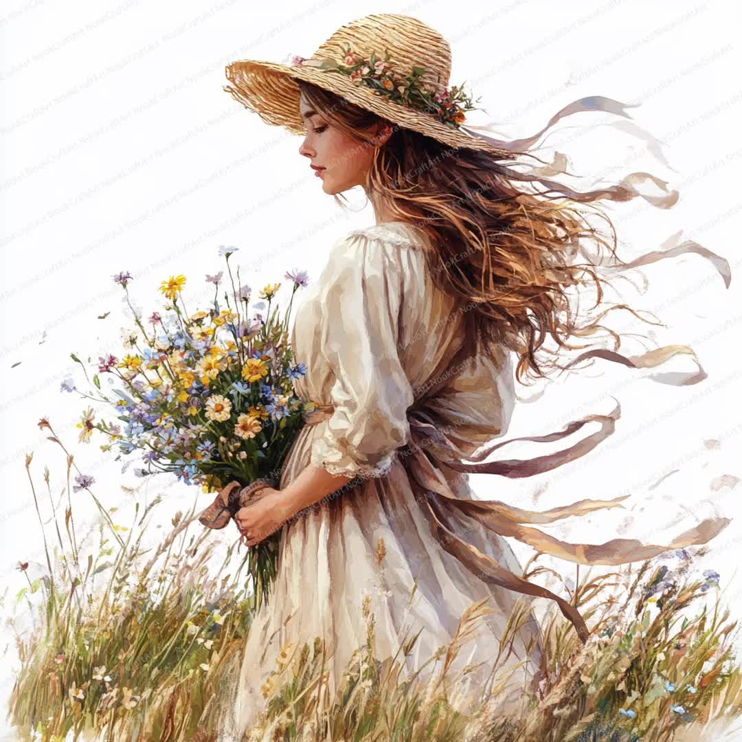 野の花の少女のクリップアート20選 | 麦わら帽子と野の花 | 印刷可能な
