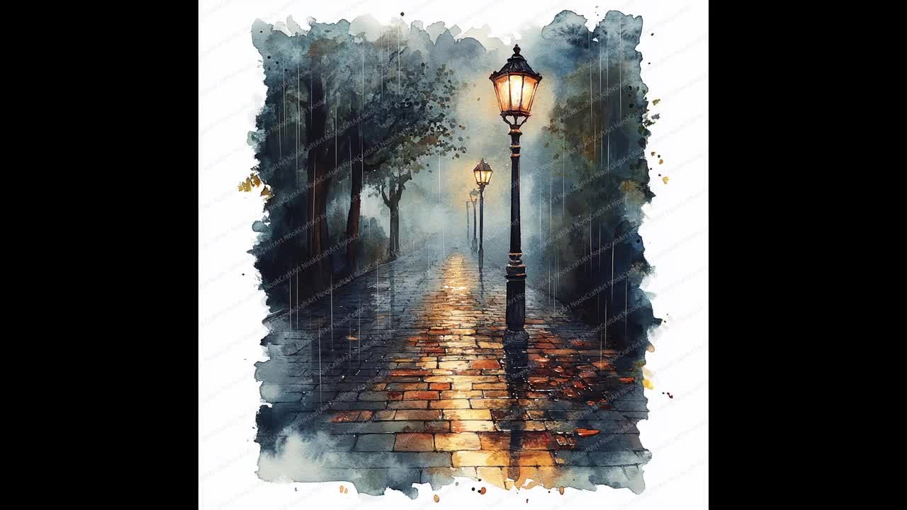 22 街灯 雨の歩道 クリップアート | 夜間の都市風景イラスト | 印刷