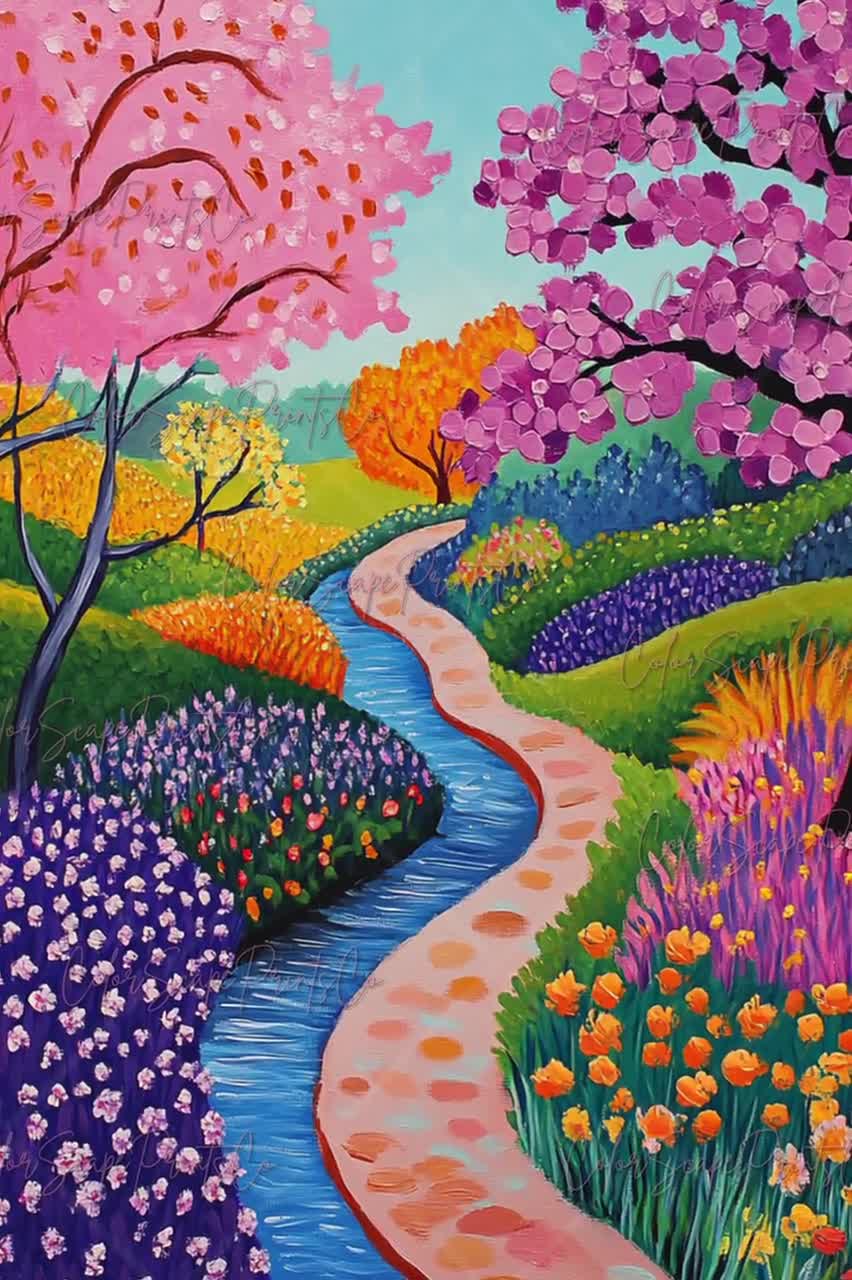 Colorful Spring Landscape Print Tulips Garden Decor Floral Pathway