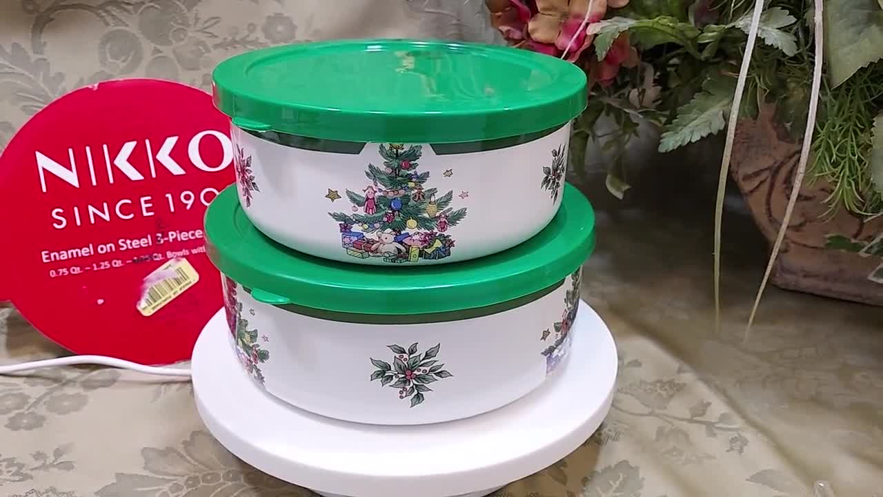 Christmas Storage Bowl Set With Lids Enamel on Steel Set of 2 