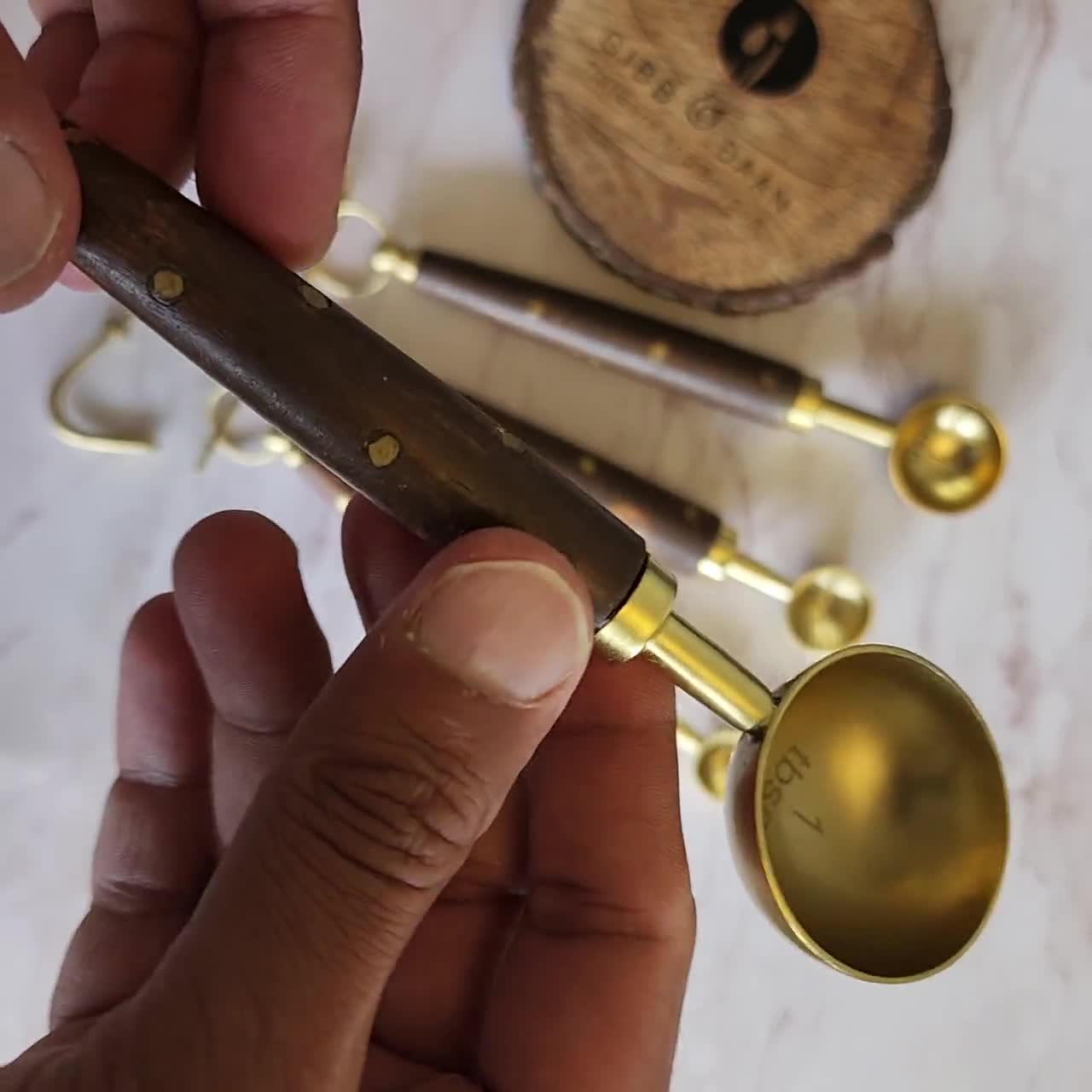 Wood and Steel Measuring Spoons Set Gold Finish With Brass Inlay