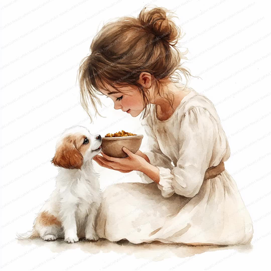 18 子犬に餌をやるクリップアート | 犬のボウルを持つ少女のシーン