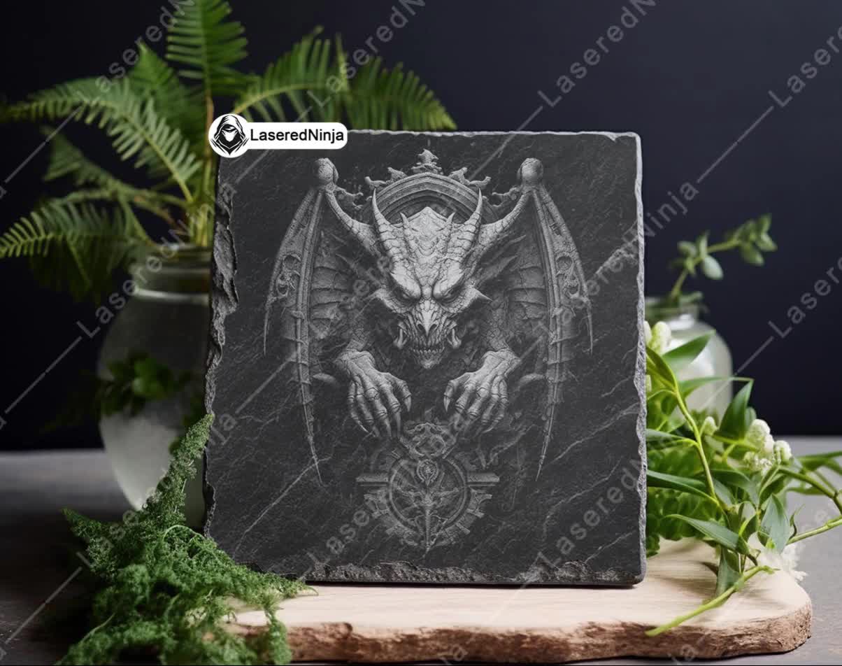 Gargoyle Throne Wings Horns Gothic Black White Laser Engraving