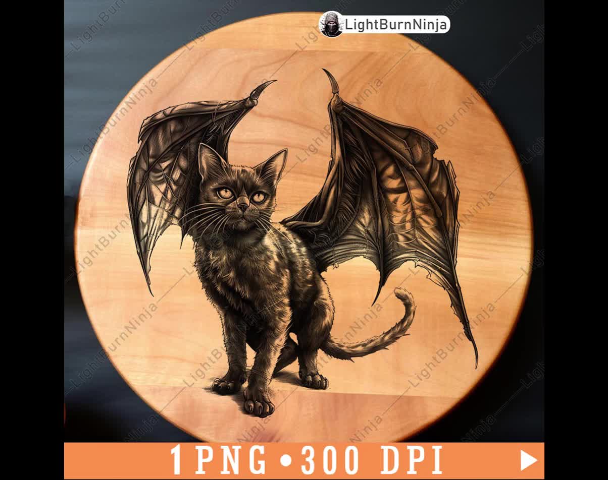 翼のある黒猫 ゴシックファンタジー レーザー彫刻 コウモリ 子猫