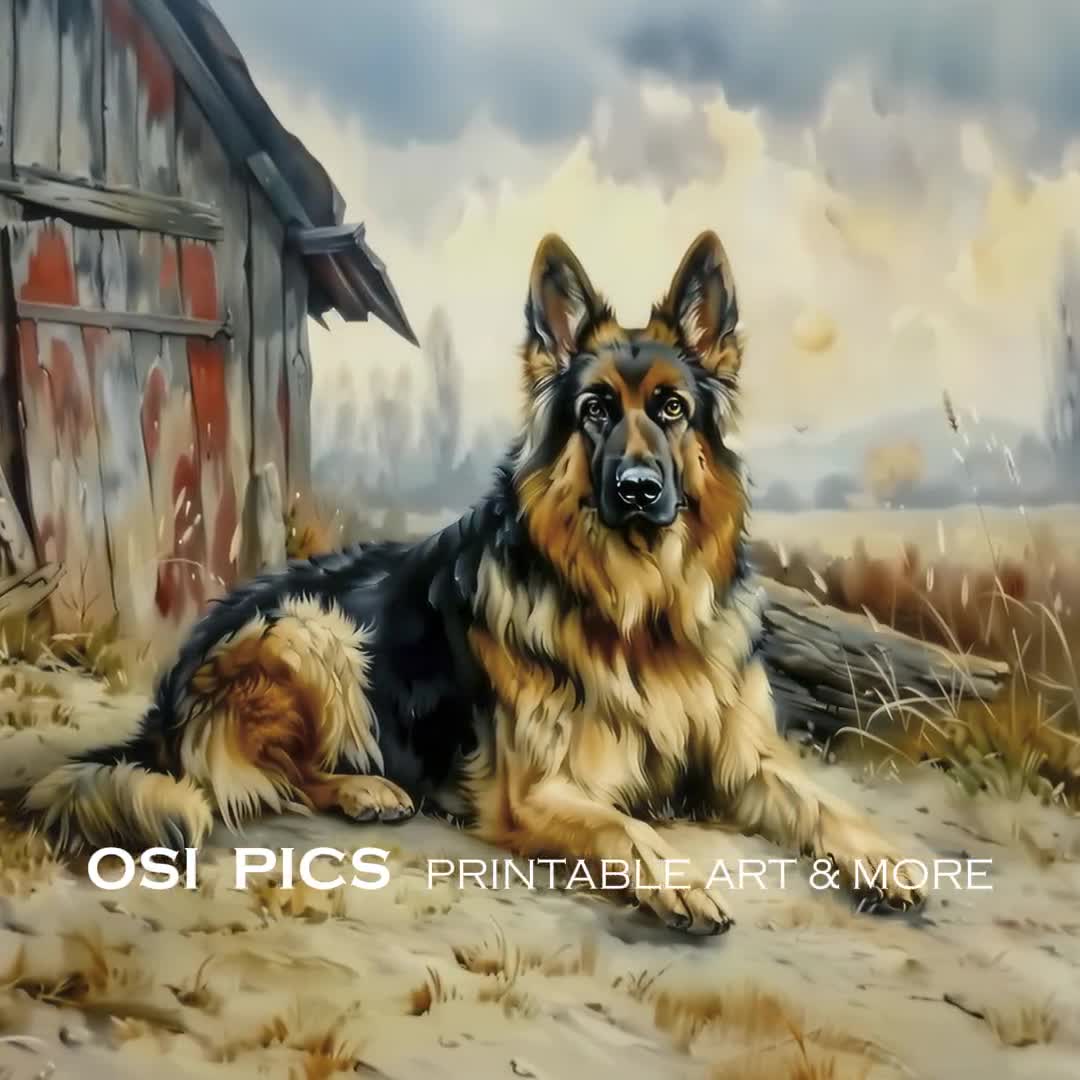 シェパード犬の油彩画 ヴィンテージのジャーマンシェパードの絵画、オールドシェパードの