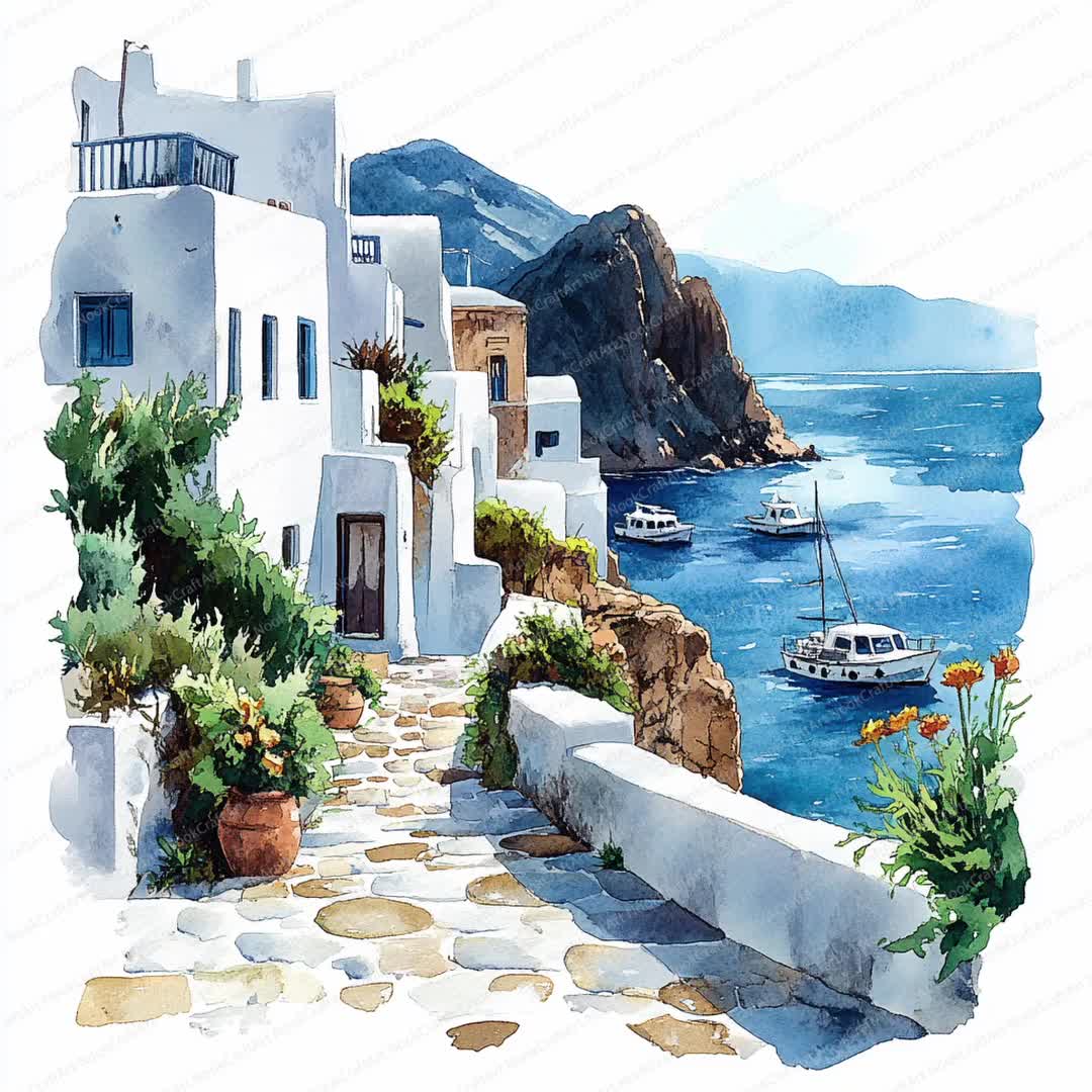海と島の風景 グラフィックアート ギリシャの島の白い家のクリップアート20選 | 牧歌的な海岸風景の