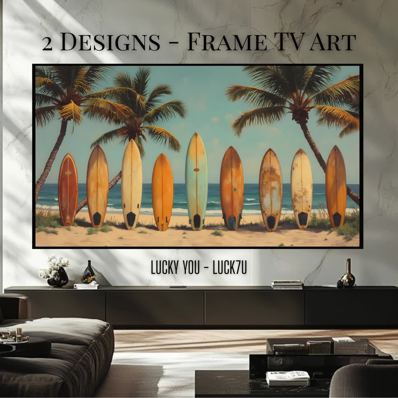 Vintage Surfboard Beach Scene - Coastal Frame TV Art (digital