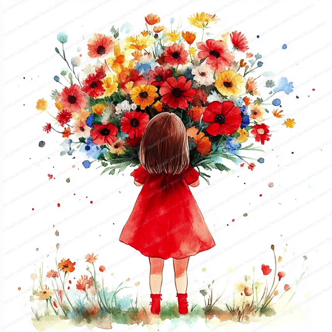 18 花束を持つ少女のクリップアート | 花の水彩画アート | 印刷可能な