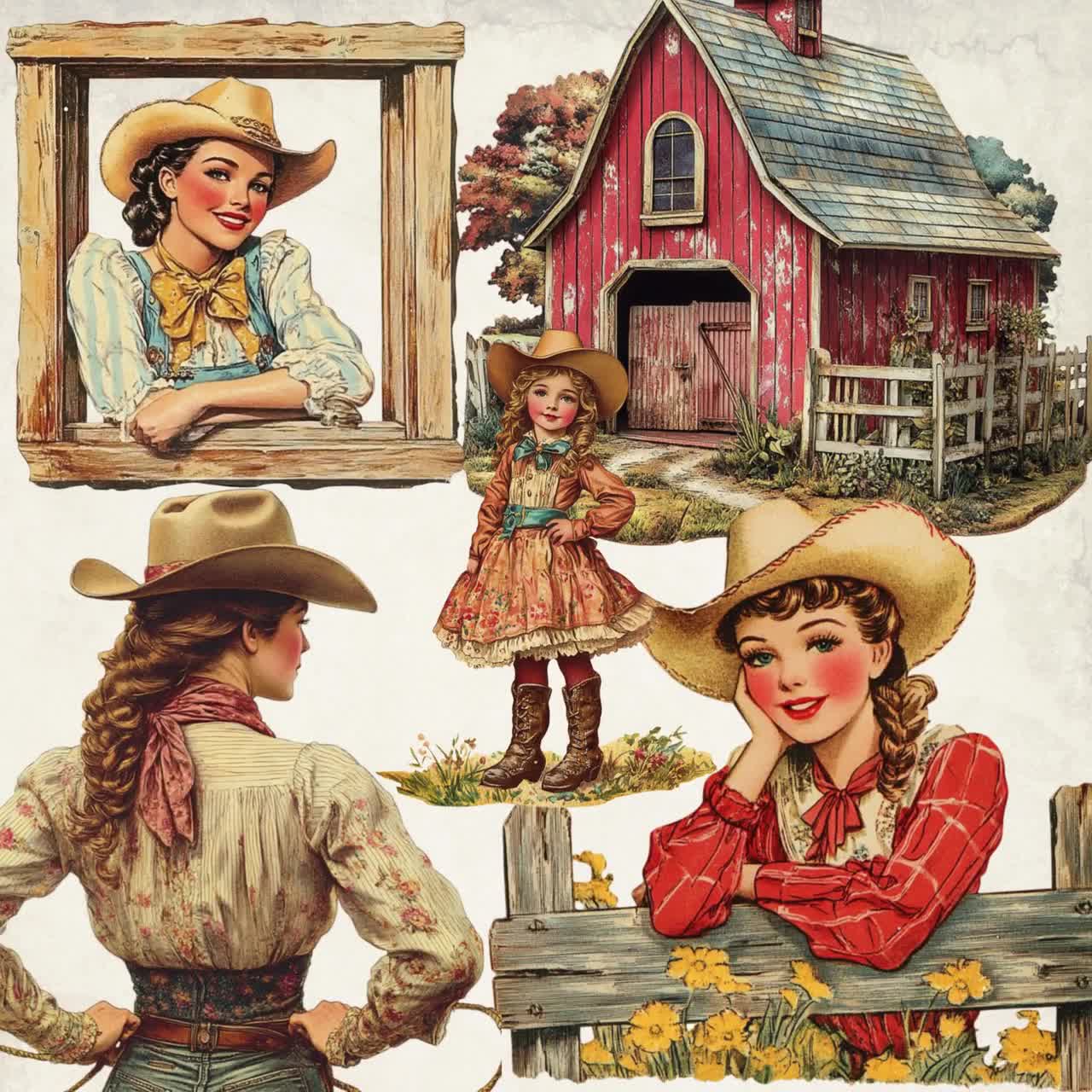 ビンテージ カウガール クリップアート、西部テーマ グラフィック