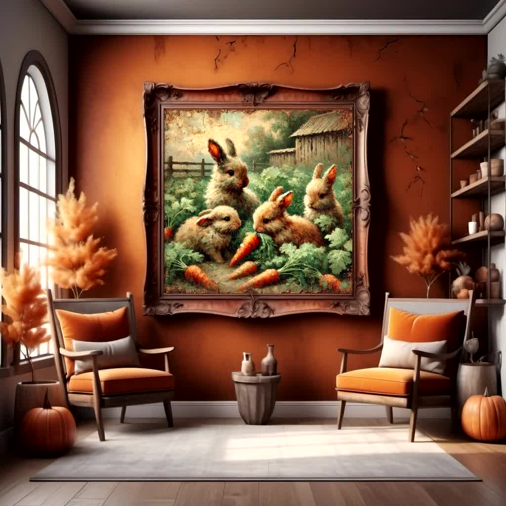 Farmhouse Bunnies in Carrot Patch: Rustic Spring Wall Art (digital