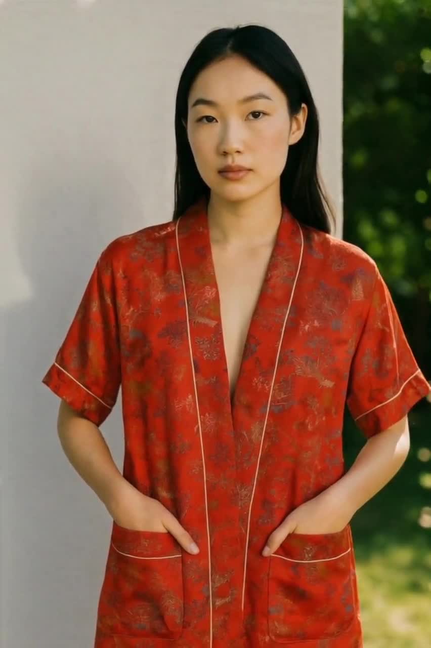 Vintage Peony Brand rote Satin Robe mit orientalischen gestickten