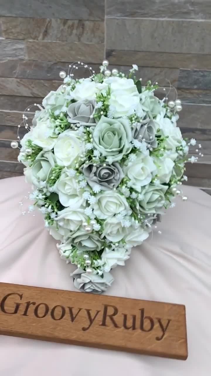 Vintage Sage Green, Silver & Ivory Roses With Gypsophila, Pearl