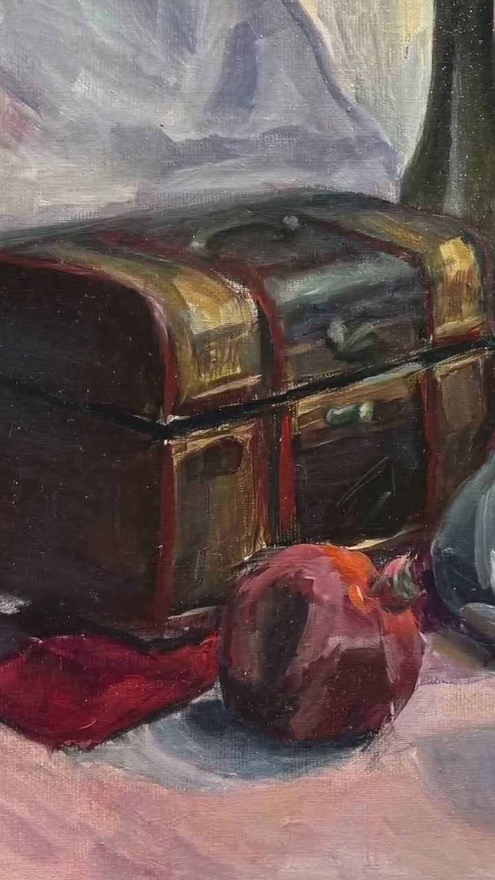 オリジナル油絵：ザクロと箱のある静物画（40 x 50 cm）、額入り