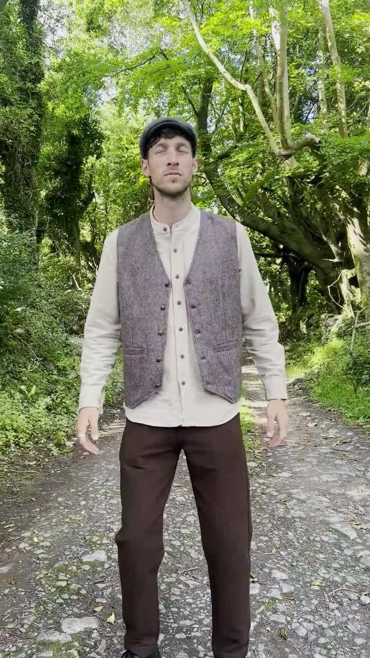 Mens Irish Tweed Vest: Celtic Knot Embroidery, Woodland Brown