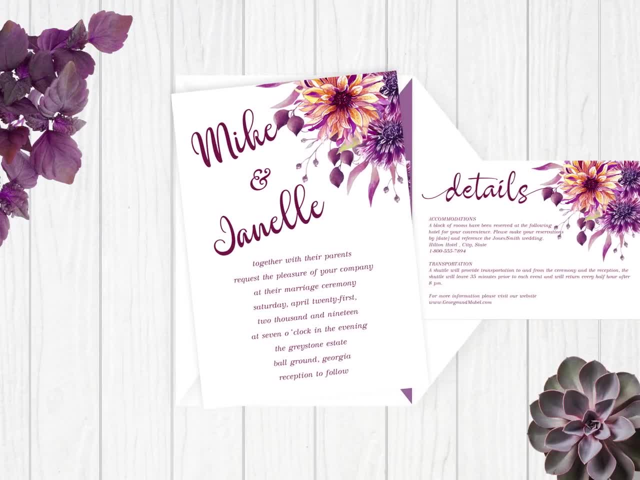 リクエスト Purple Dahlia Wedding Invitation Suite, Floral Wedding