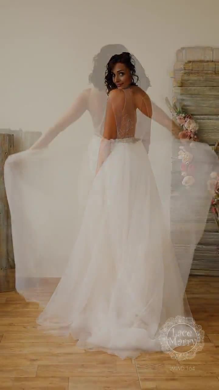 V-neck Sexy Wedding Dress With Deep Plunge, Beading on Lace Applique  Bodice, Sheer Open Back With Embroidery, Soft Tulle Skirt and Train -   UK