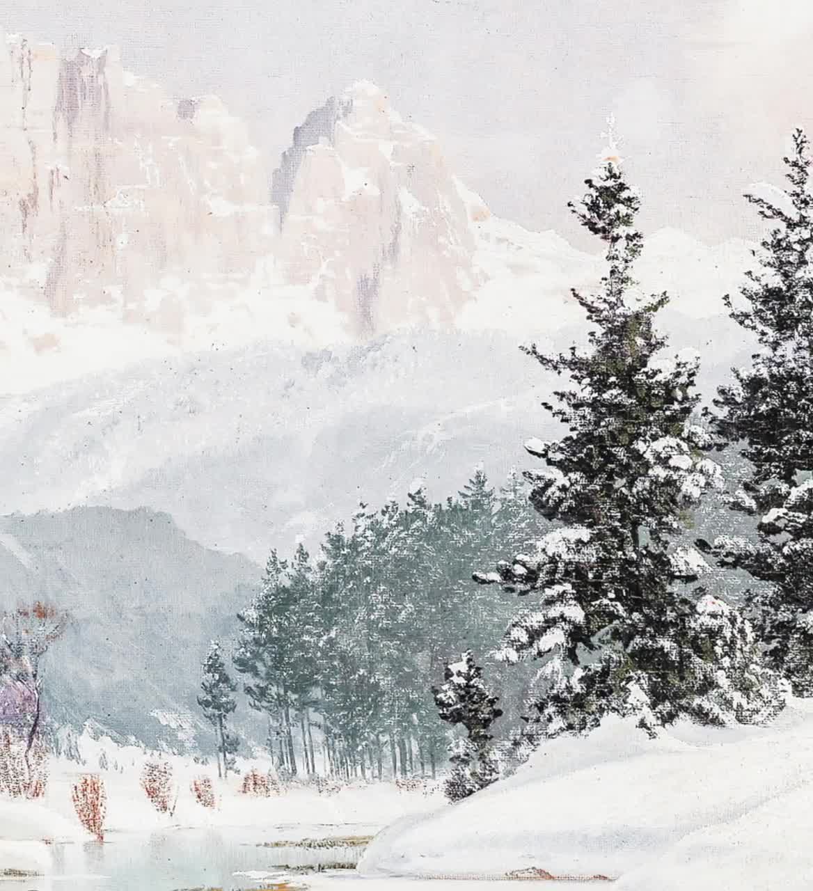Vintage Mountain Landscape Print: Snow Covered Evergreen