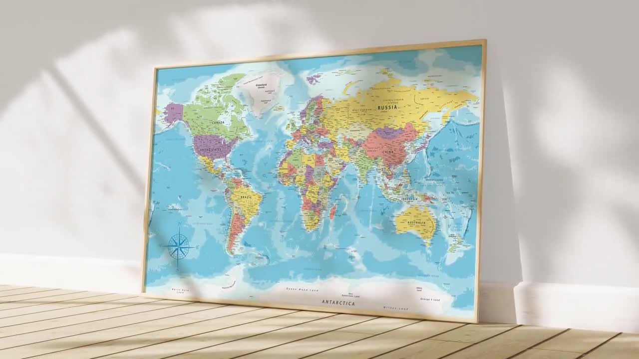政治世界地図と米国地図の印刷可能なポスターセット - 各国の詳細な