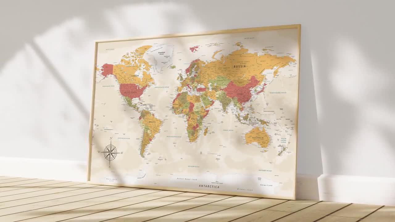 世界大地図　即購入可 印刷可能な世界地図 - 詳細なデジタル自然地図ポスター、印刷 | 大きな
