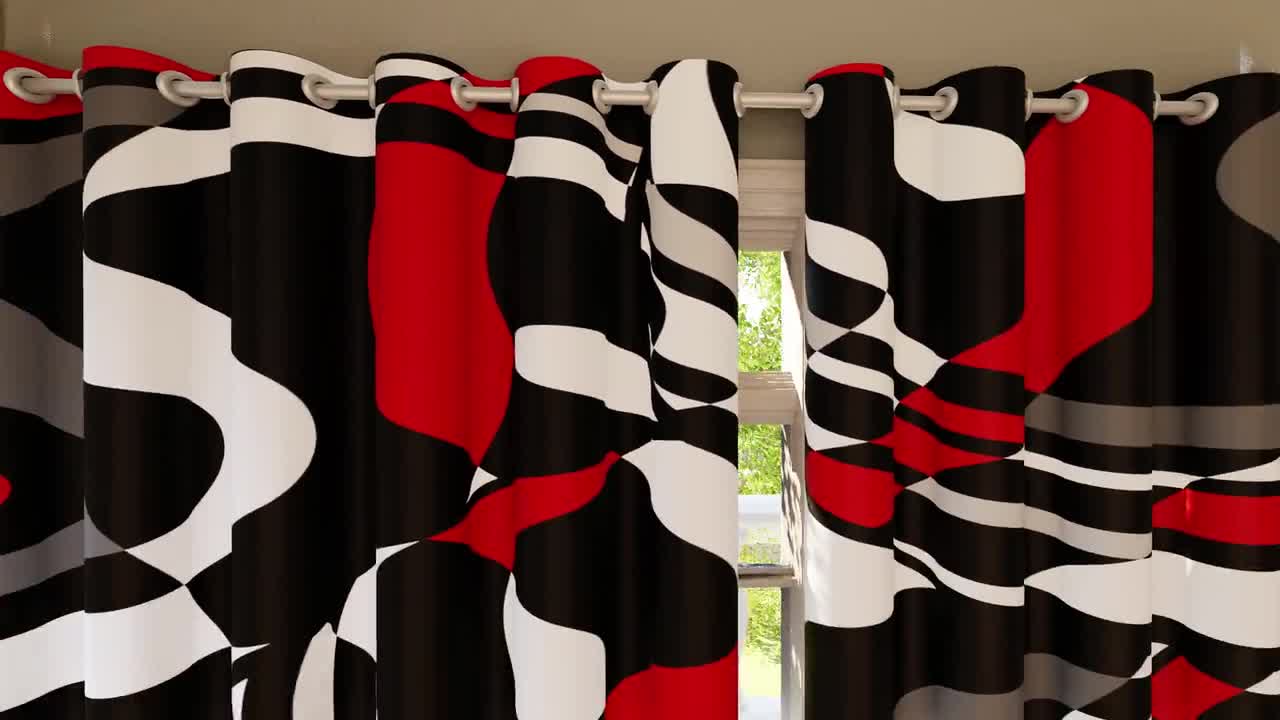  MESHELLY Red Black Grey Geometric Kitchen Curtains