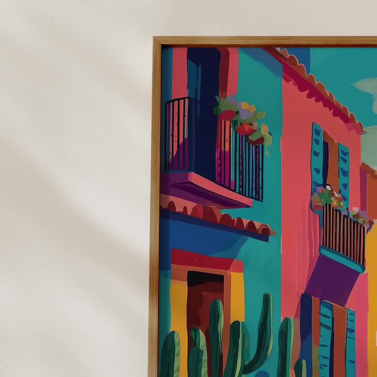 メキシコの村落　カラフルな民俗画 メキシコの村のアートプリント：カラフルな街の風景、トロピカルな装飾