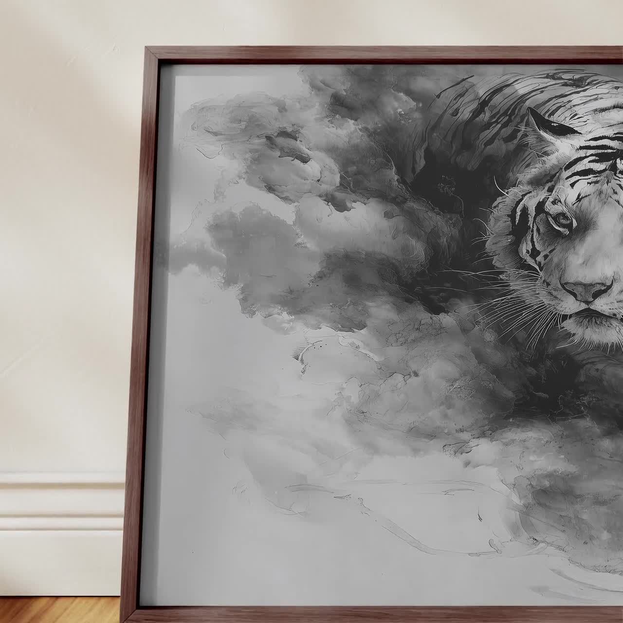 白黒虎版画：墨絵風風景画 - Etsy 日本