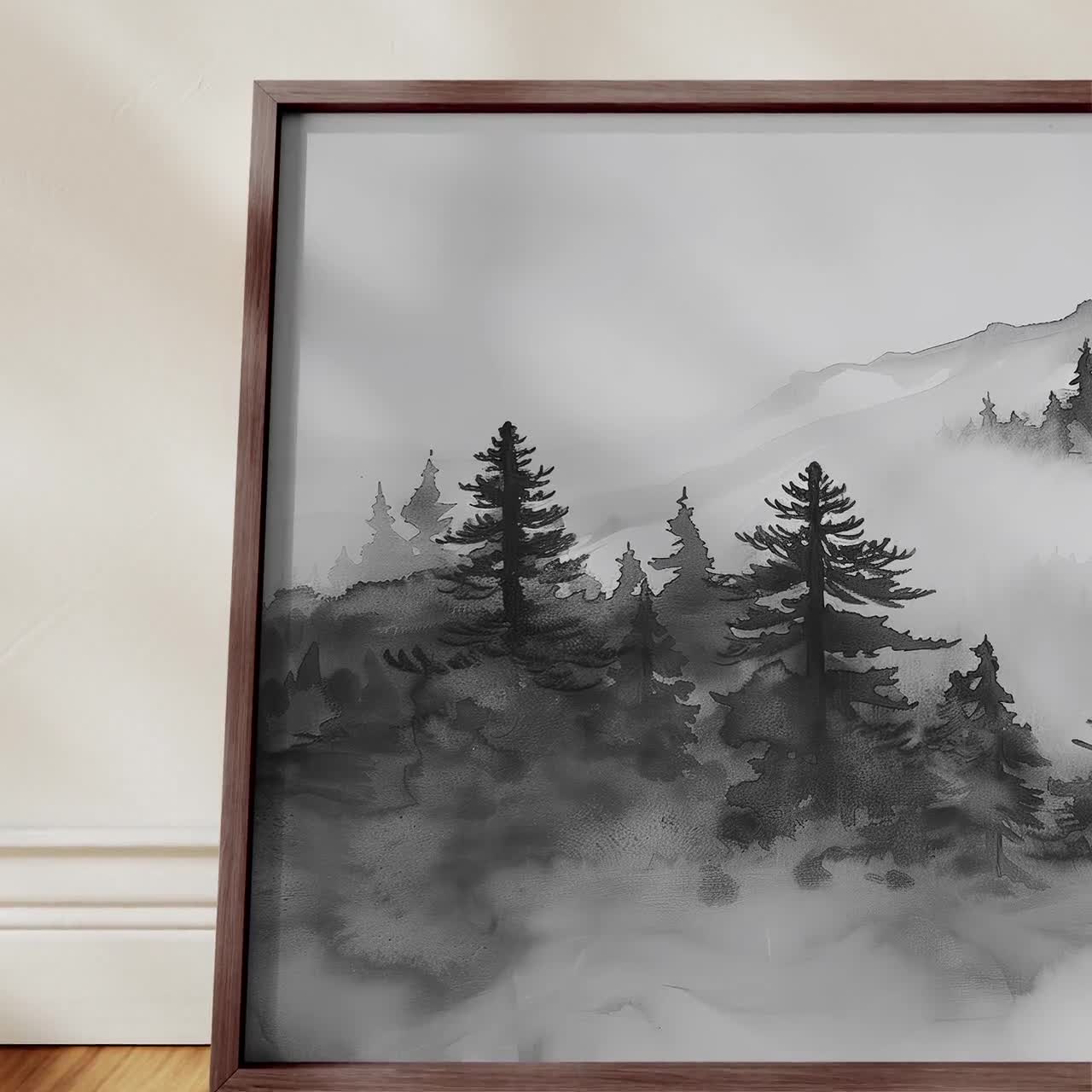 日本画 山の風景 墨絵 日本の墨絵風景画：霧深い山寺の風景 - Etsy 日本