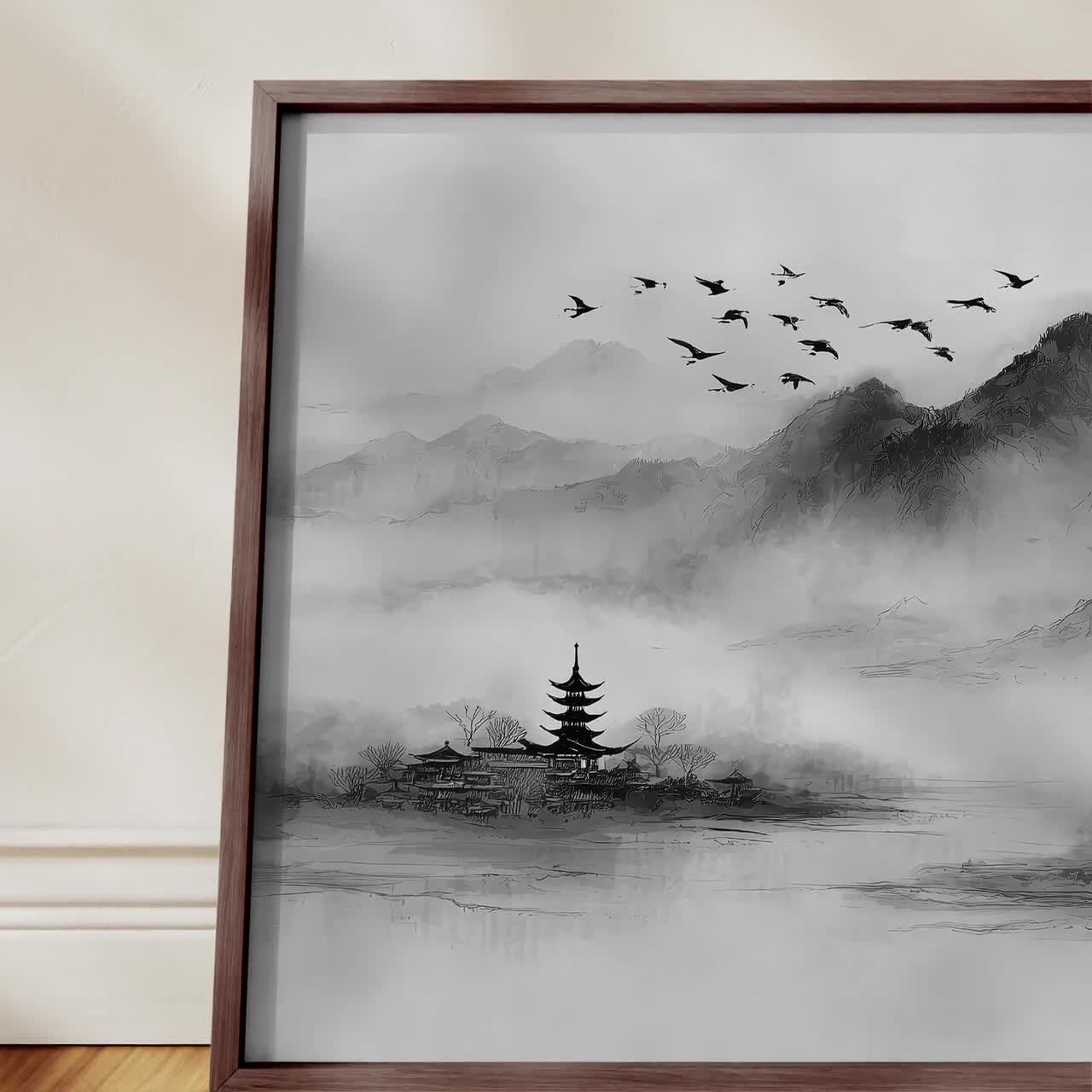 墨山風景画：アジアの塔、飛ぶ鳥 - Etsy 日本