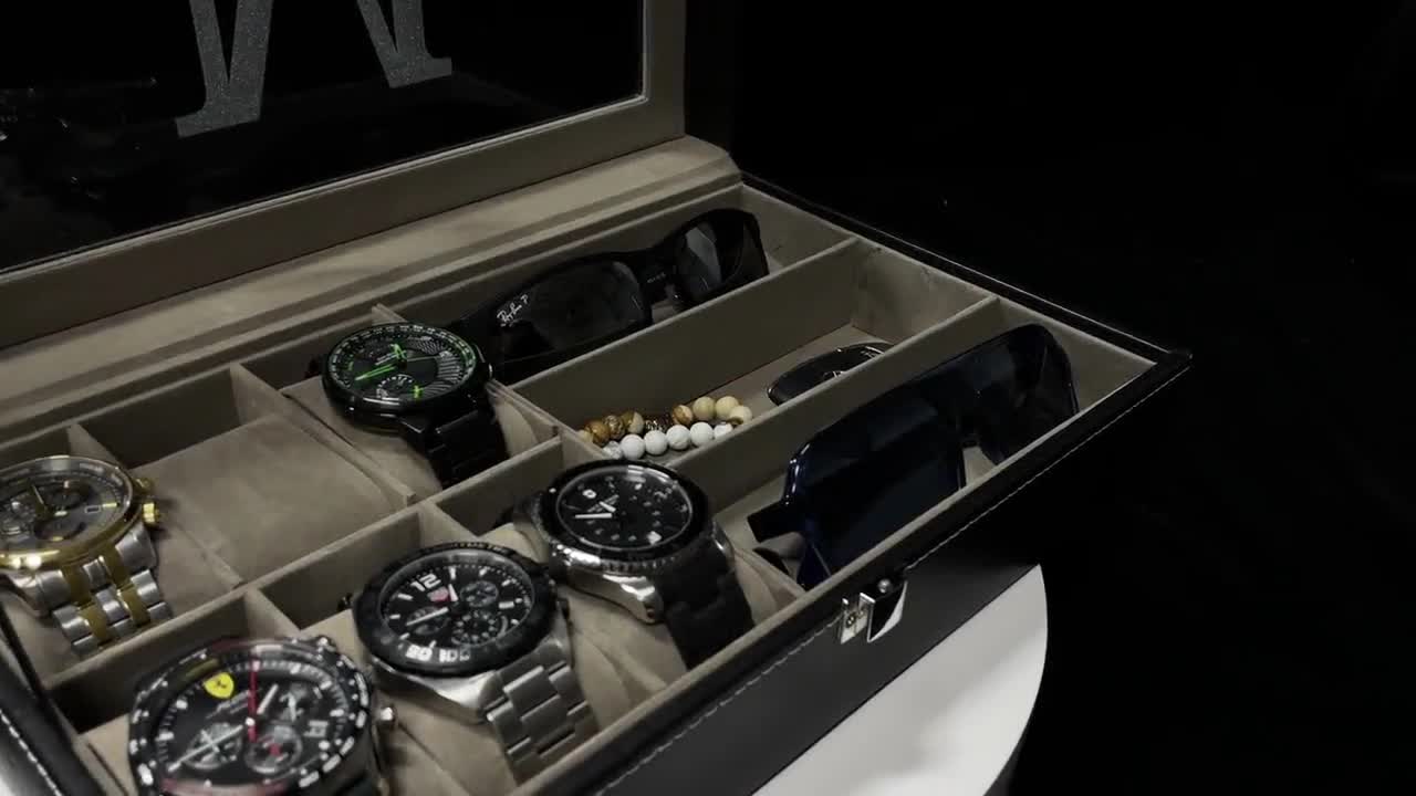  Fundas de reloj para hombre, caja de joyería para 6 relojes, 3  lentes de sol, organizador de relojes, soporte para reloj con tapa de  cristal, elegante caja de almacenamiento de madera